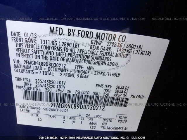 2FMGK5C89DBD30212 - 2013 FORD FLEX SEL BLUE photo 9