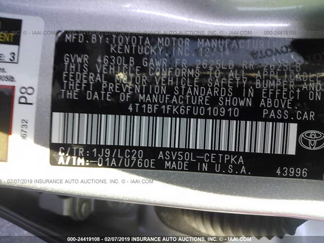 4T1BF1FK6FU010910 - 2015 TOYOTA CAMRY LE/XLE/SE/XSE SILVER photo 9