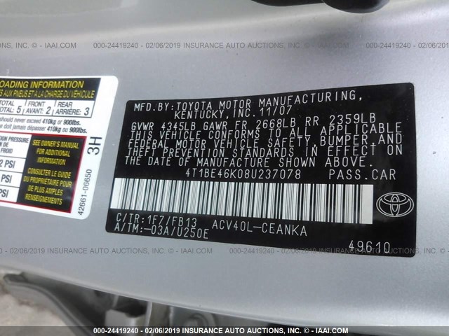 4T1BE46K08U237078 - 2008 TOYOTA CAMRY CE/LE/XLE/SE SILVER photo 9