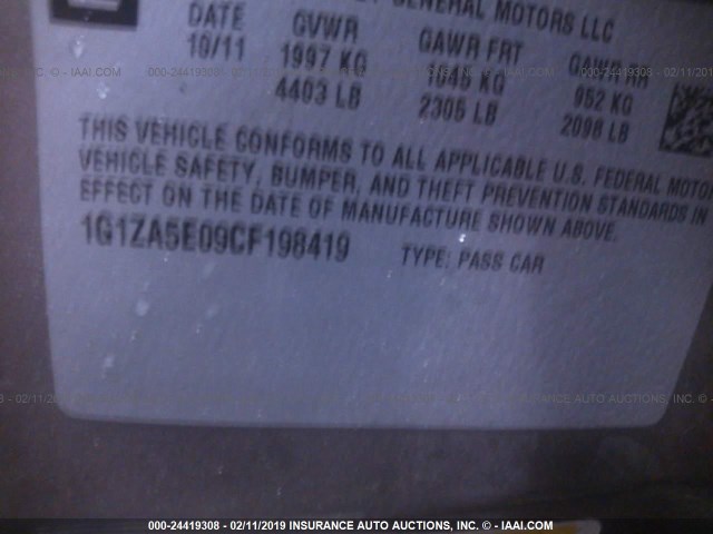 1G1ZA5E09CF198419 - 2012 CHEVROLET MALIBU LS GRAY photo 9