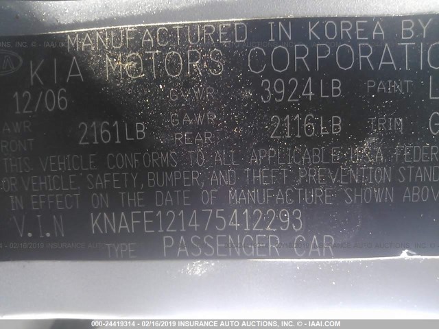 KNAFE121475412293 - 2007 KIA SPECTRA EX/LX SILVER photo 9