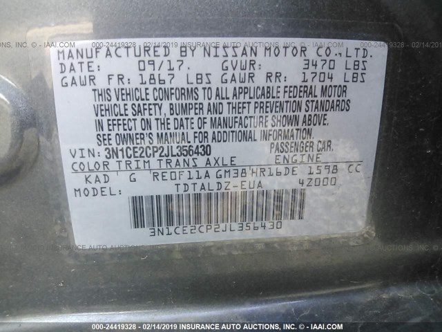 3N1CE2CP2JL356430 - 2018 NISSAN VERSA NOTE S/S PLUS/SV/SL/SR GRAY photo 9