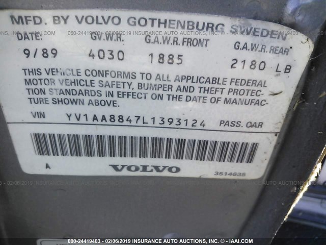 YV1AA8847L1393124 - 1990 VOLVO 240 DL SILVER photo 9