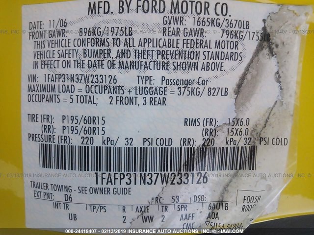 1FAFP31N37W233126 - 2007 FORD FOCUS ZX3/S/SE/SES YELLOW photo 9