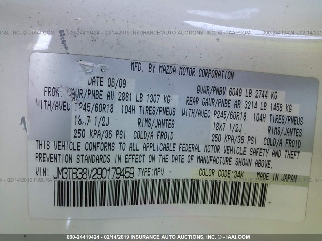 JM3TB38V290179459 - 2009 MAZDA CX-9 WHITE photo 9