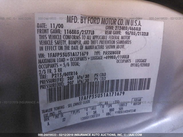 1FAFP55U51A171679 - 2001 FORD TAURUS SES SILVER photo 9