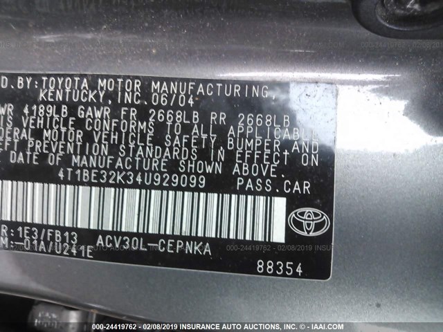 4T1BE32K34U929099 - 2004 TOYOTA CAMRY LE/XLE/SE GRAY photo 9