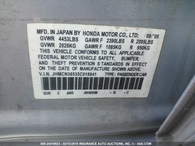 JHMCN36535C018841 - 2005 HONDA ACCORD HYBRID SILVER photo 9