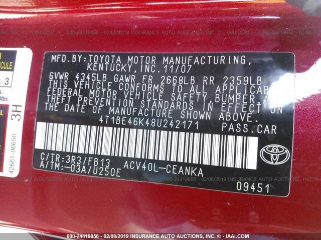 4T1BE46K48U242171 - 2008 TOYOTA CAMRY CE/LE/XLE/SE RED photo 9
