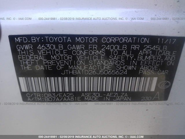 JTHBA1D26J5065624 - 2018 LEXUS IS 300 WHITE photo 9