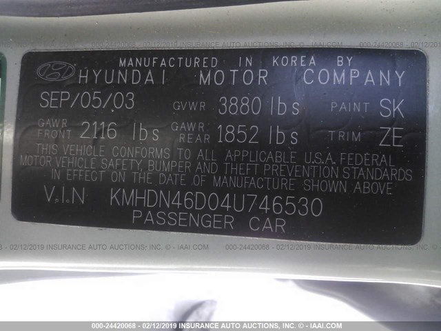 KMHDN46D04U746530 - 2004 HYUNDAI ELANTRA GLS/GT GREEN photo 9