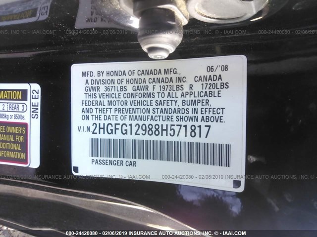 2HGFG12988H571817 - 2008 HONDA CIVIC EXL BLACK photo 9