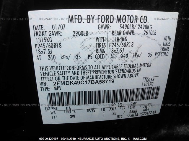 2FMDK49C17BA58719 - 2007 FORD EDGE SEL PLUS BLACK photo 9