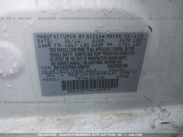 3N1CE2CP4GL405975 - 2016 NISSAN VERSA NOTE S/S PLUS/SV/SL/SR WHITE photo 9