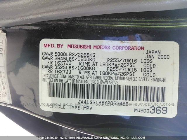 JA4LS31H5YP052458 - 2000 MITSUBISHI MONTERO SPORT LS/SPORT XLS BLACK photo 9