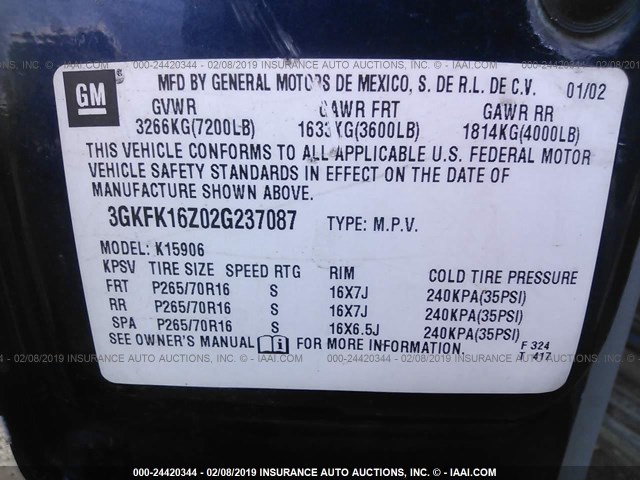 1GKEK13T91J184298 - 2001 GMC YUKON BLUE photo 9