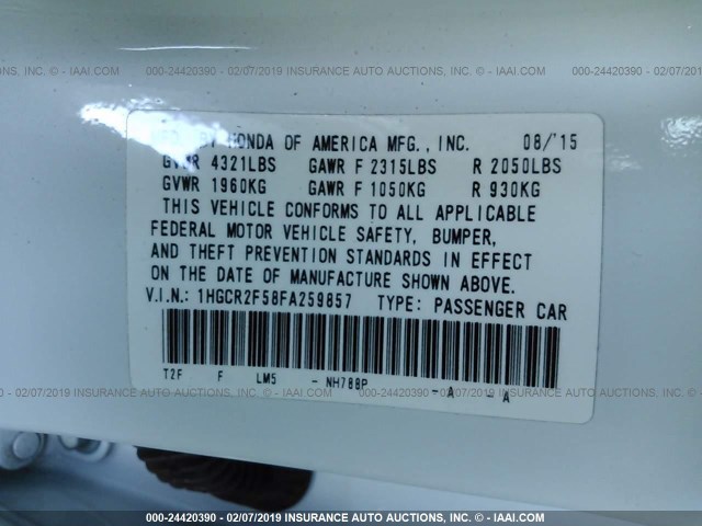 1HGCR2F58FA259857 - 2015 HONDA ACCORD SPORT თეთრი ფოტო 9