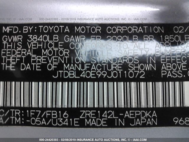 JTDBL40E99J011072 - 2009 TOYOTA COROLLA LE/XLE SILVER photo 9