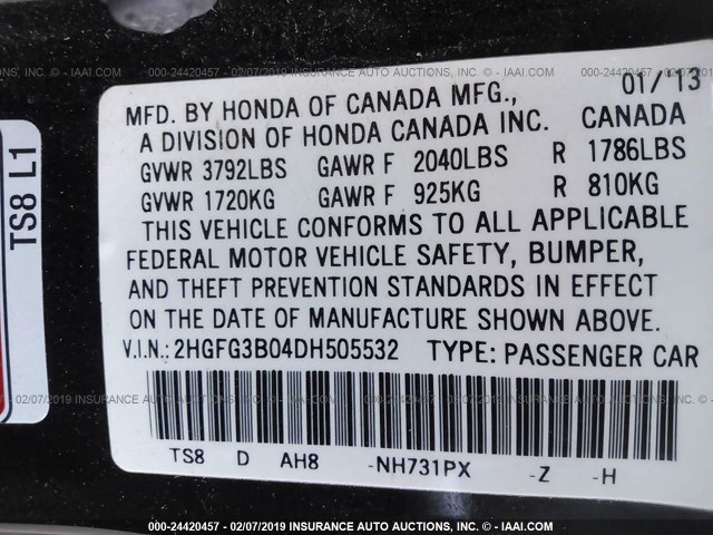 2HGFG3B04DH505532 - 2013 HONDA CIVIC EXL BLACK photo 9