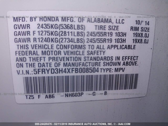 5FRYD3H4XFB008504 - 2015 ACURA MDX TECHNOLOGY WHITE photo 9