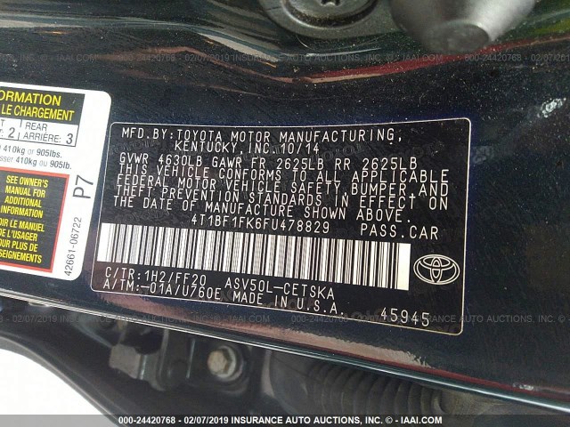4T1BF1FK6FU478829 - 2015 TOYOTA CAMRY LE/XLE/SE/XSE 深蓝色 照片 9