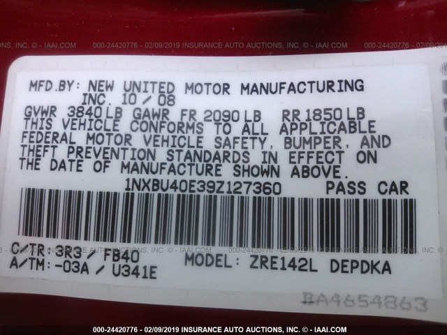 1NXBU40E39Z127360 - 2009 TOYOTA COROLLA S/LE/XLE RED photo 9