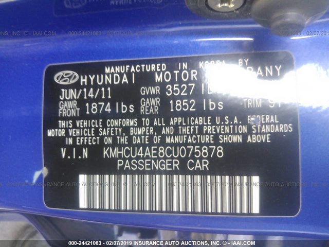 KMHCU4AE8CU075878 - 2012 HYUNDAI ACCENT GLS/GS/SE BLUE photo 9
