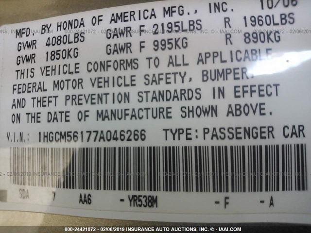 1HGCM56177A046266 - 2007 HONDA ACCORD VALUE GOLD photo 9