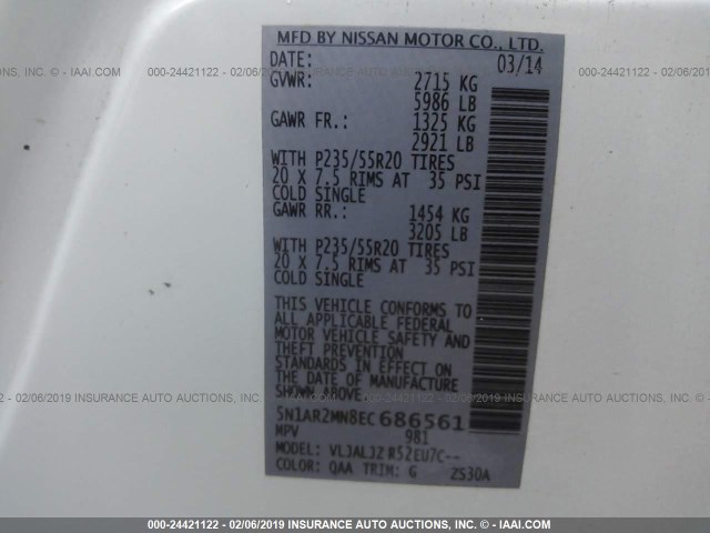 5N1AR2MN8EC686561 - 2014 NISSAN PATHFINDER S/SV/SL/PLATINUM TURQUOISE photo 9