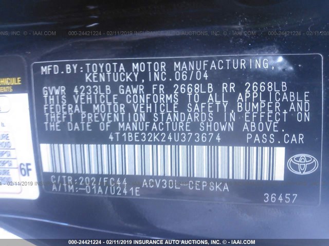 4T1BE32K24U373674 - 2004 TOYOTA CAMRY LE/XLE/SE BLACK photo 9