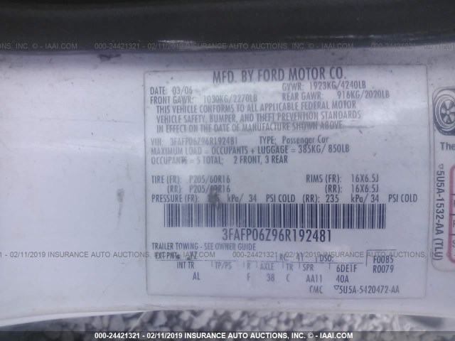 3FAFP06Z96R192481 - 2006 FORD FUSION S WHITE photo 9