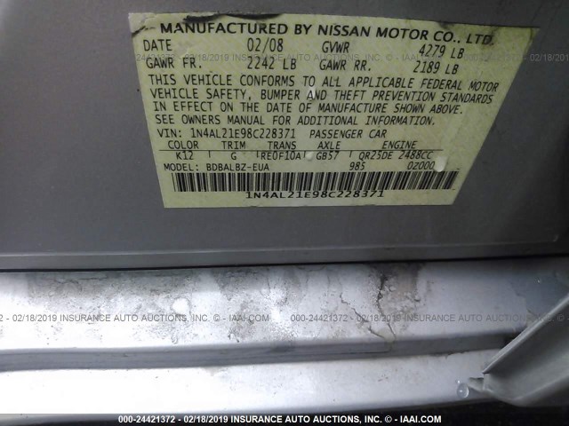 1N4AL21E98C228371 - 2008 NISSAN ALTIMA 2.5/2.5S SILVER photo 9