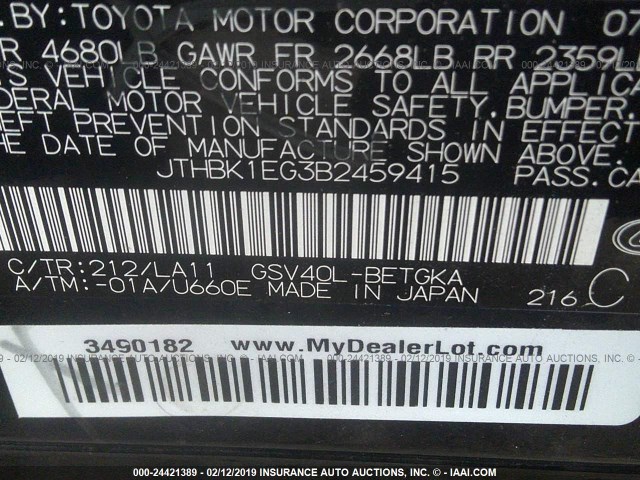 JTHBK1EG3B2459415 - 2011 LEXUS ES 350 BLACK photo 9