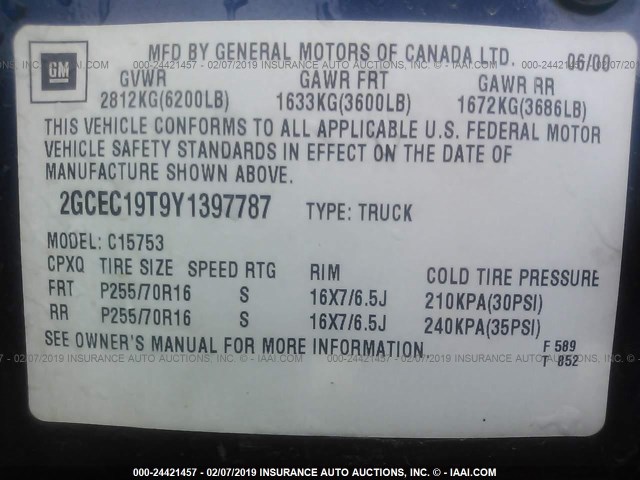 2GCEC19T9Y1397787 - 2000 CHEVROLET SILVERADO C1500 BLUE photo 9