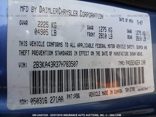 2B3KA43R37H783507 - 2007 DODGE CHARGER SE/SXT BLUE photo 9