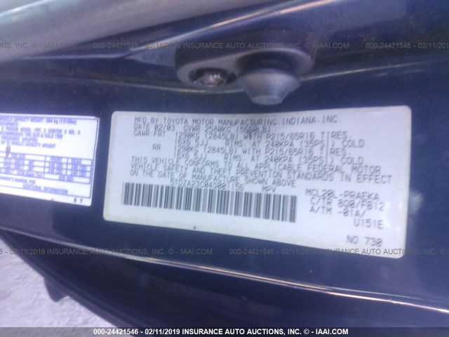 5TDZA23C04S001156 - 2004 TOYOTA SIENNA CE/LE BLUE photo 9