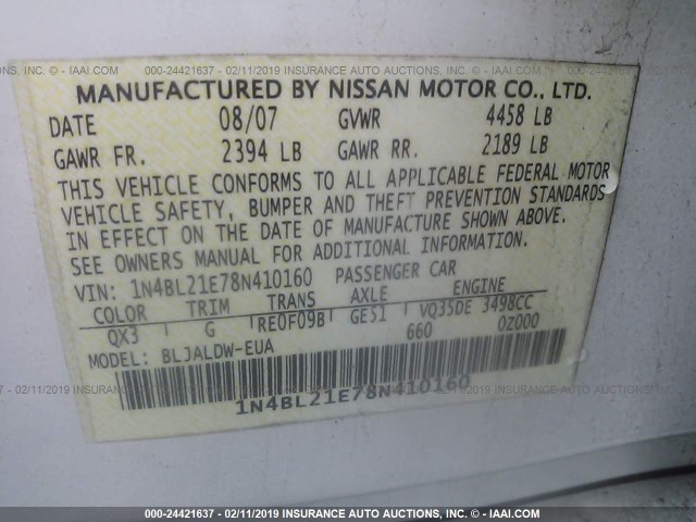 1N4BL21E78N410160 - 2008 NISSAN ALTIMA 3.5SE/3.5SL WHITE photo 9