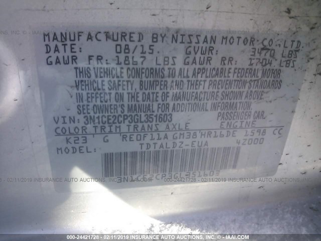 3N1CE2CP3GL351603 - 2016 NISSAN VERSA NOTE S/S PLUS/SV/SL/SR SILVER photo 9