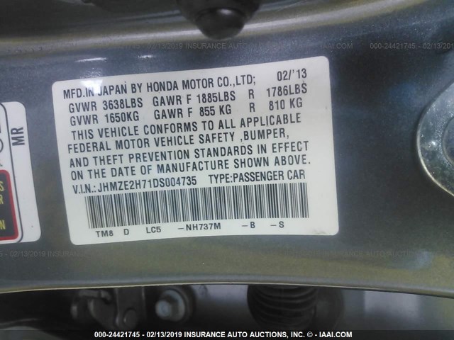 JHMZE2H71DS004735 - 2013 HONDA INSIGHT EX GRAY photo 9