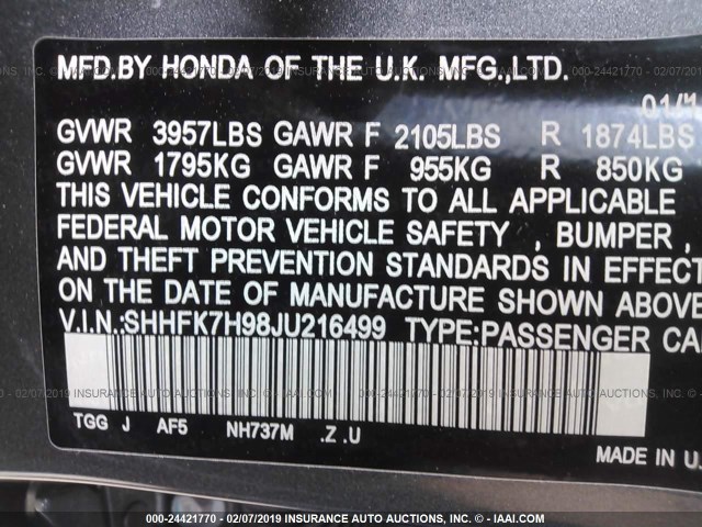 SHHFK7H98JU216499 - 2018 HONDA CIVIC SPORT TOURING GRAY photo 9