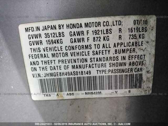 JHMGE8H49AS018149 - 2010 HONDA FIT SPORT GRAY photo 9