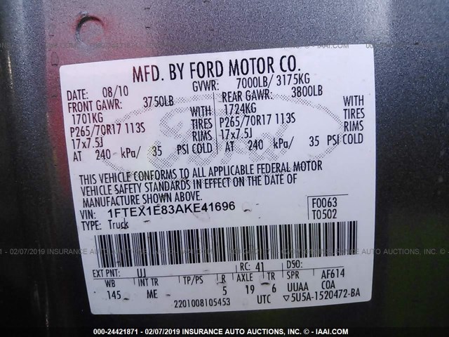 1FTEX1E83AKE41696 - 2010 FORD F150 SUPER CAB GRAY photo 9