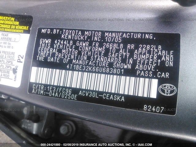 4T1BE32K66U683801 - 2006 TOYOTA CAMRY LE/XLE/SE GRAY photo 9