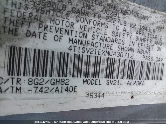 4T1SV21EXMU430712 - 1991 TOYOTA CAMRY DLX 银色 照片 9