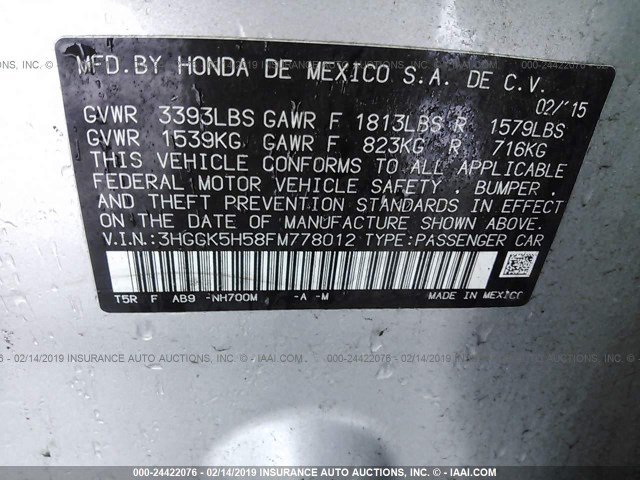 3HGGK5H58FM778012 - 2015 HONDA FIT LX SILVER photo 9