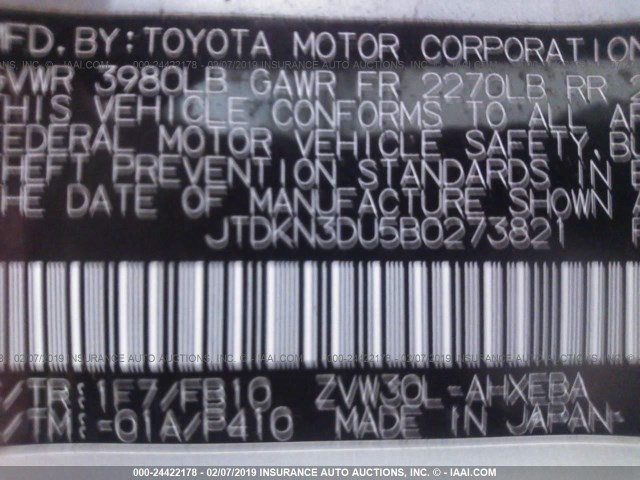 JTDKN3DU5B0273821 - 2011 TOYOTA PRIUS 银色 照片 9