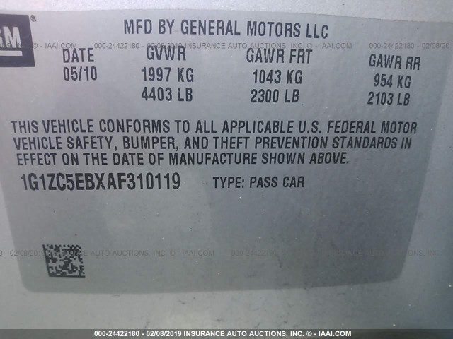 1G1ZC5EBXAF310119 - 2010 CHEVROLET MALIBU 1LT SILVER photo 9