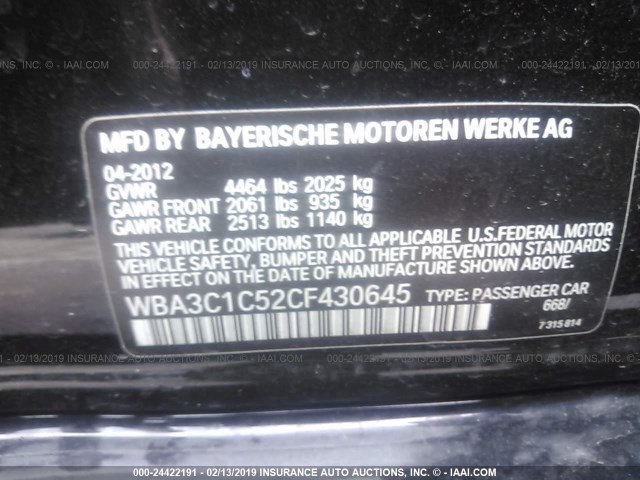 WBA3C1C52CF430645 - 2012 BMW 328 I SULEV BLACK photo 9