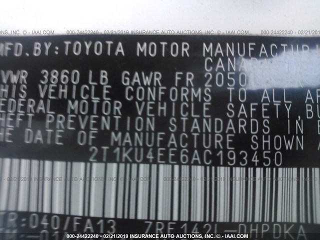 2T1KU4EE6AC193450 - 2010 TOYOTA COROLLA MATRIX  WHITE photo 9