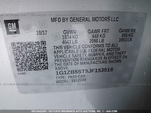 1G1ZB5ST5JF153518 - 2018 CHEVROLET MALIBU LS SILVER photo 9